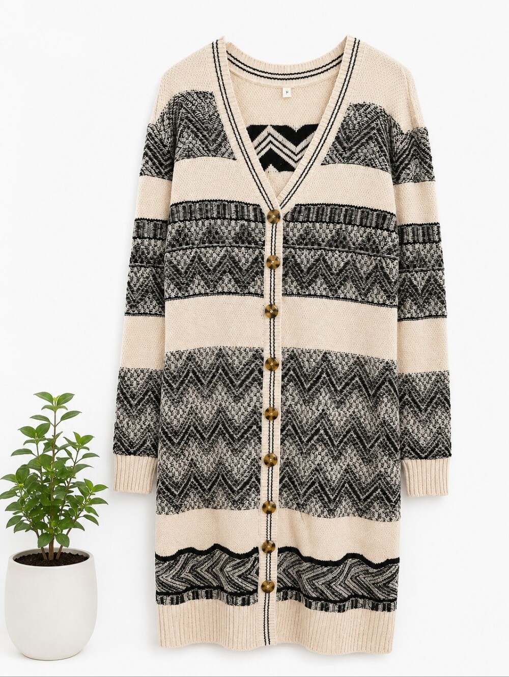 Lucky Brand Cream and Black Striped Geometric Long Sweater Dress / Cardigan - Picture 2 of 3